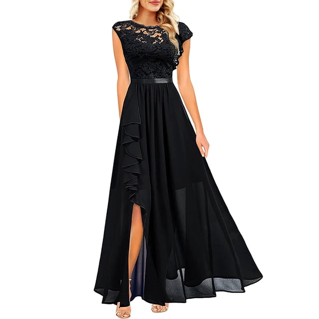 Kcodviy Robe Unie pour Femme en Dentelle Ajustée Robe d'Été pour Femme à Empiècements Sans Manches à Col Rond Robe Maxi Décontractée pour Femme Robe à Ourlet Volanté Robe Chandail pour Femme Robe de Soirée d'Été