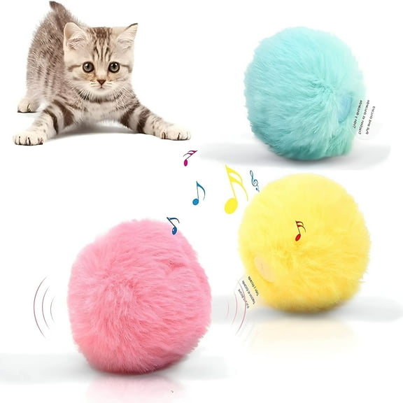 BESTSKY 3 Pack Fluffy Plush Cat Ball Toys, Interactive Chirping Balls Cat Kicker Toys