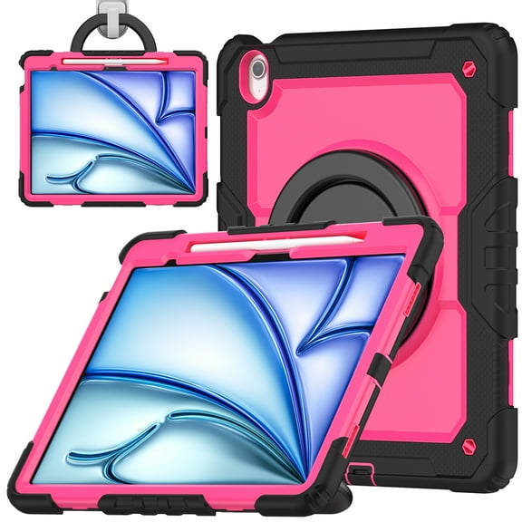 ELEHOLD Rugged Case for iPad Air 13-inch M3 (2025) / M2 (2024) Three-Layer Protection with Screen Protector Portable Folding Handle Grip 360° Rotating Kickstand Bracket Shockproof Cover,D