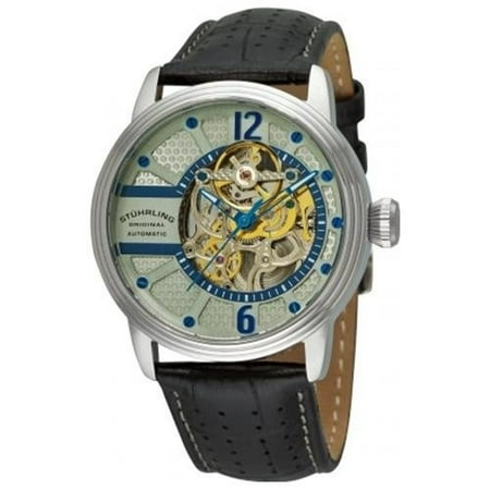 Stuhrling Original 308A.331592 Mens Prospero Classic Automatic with Stainless Steel Case, Gray Dial, Blue Markers, and Black Leather Strap with White Stitching