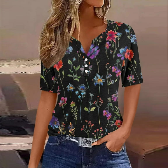 Giftesty Blouses for Women Dressy Casual Summer Tops for Women Vacation Trendy V Neck Short Sleeve Shirts Casual Loose Spring Vintage Floral Print Comfy Tunic Clothes