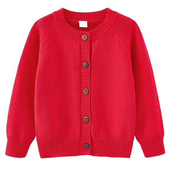 MAIHAN-Kids Knit Cardigan Sweater Long Sleeve Button Up Solid Color Round Neck Sweater, Cotton Blend Outerwear for Boys Girls, Casual Comfortable Pullover for Autumn Fall Season(Red,4-5 Years)