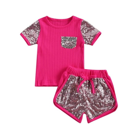 

Canrulo 2PCS Toddler Kids Baby Girls Sequins Pit Strip Short Sleeve Shirt Shorts Rose Red 12-18 Months