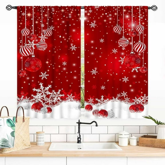 Christmas Curtains, Red White Snowflakes Xmas Merry Christmas New Year Winter Holiday Party Decor Window Drapery Treatments for Bedroom Living Room Kitchen Bathroom 2 Panels, 55x39 Inch