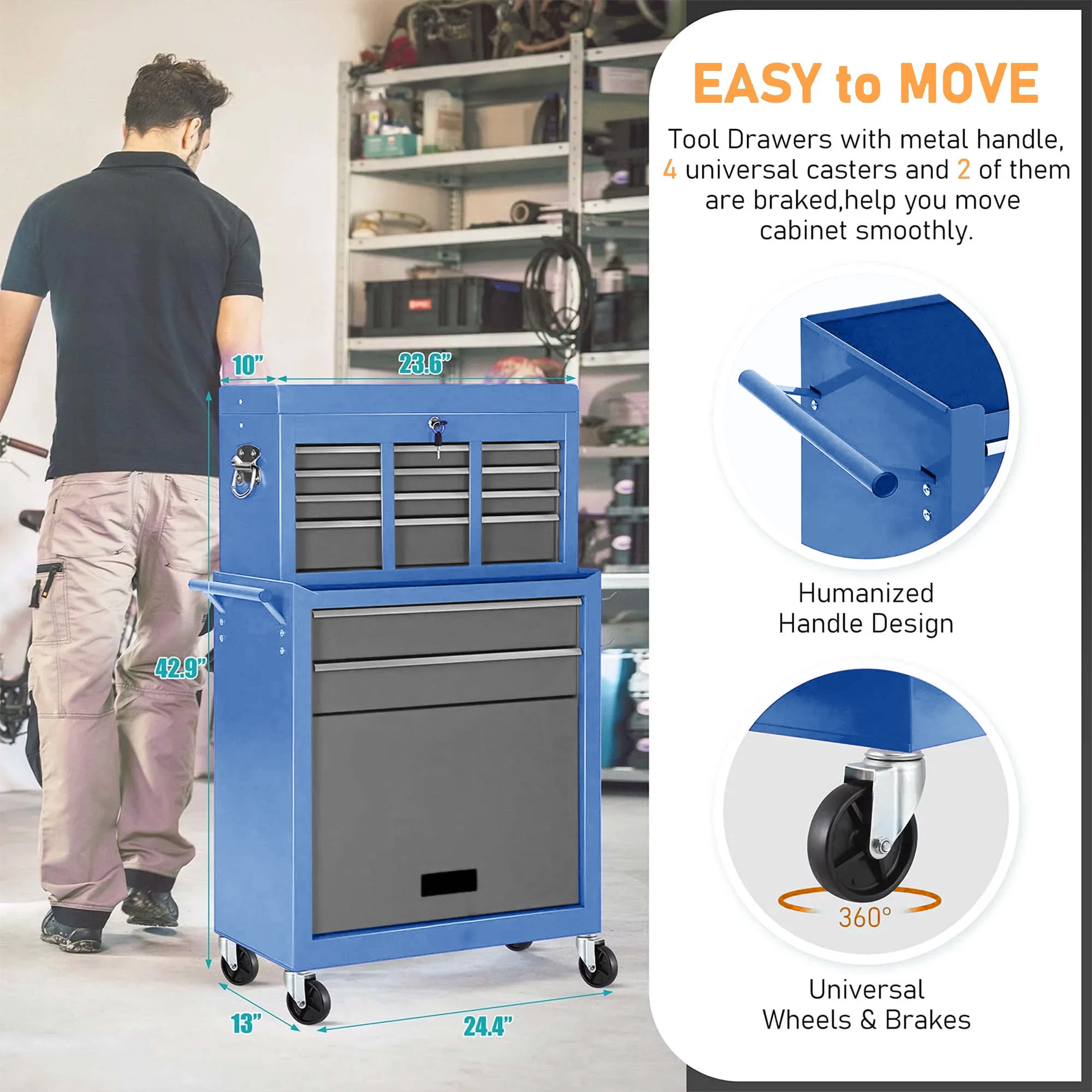 Aukfa Tool Chest, 2 in 1 Steel Rolling Tool Box & Cabinet on Wheels for Garage, 8-Drawers, Blue&Gray
