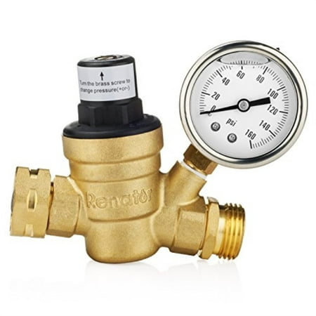 Renator M11-0660R Water Pressure Regulator Valve. Brass Lead-free Adjustable Water Pressure Reducer with Gauge for RV Camper, and Inlet Screened