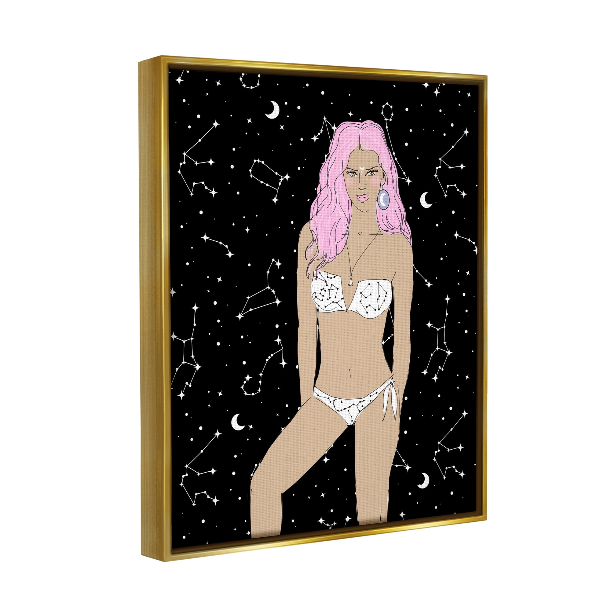 Stupell Industries Moon Girl Constellations Novelty Painting Gold Floater Framed Art Print Wall Art, 17 x 21