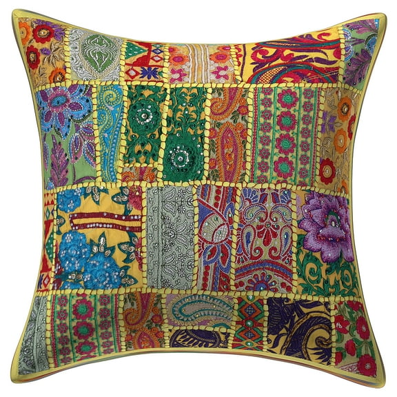 Stylo Culture Indian Cotton Decorative Throw Pillow Sham Cover Lemon Yellow 18x18 Bohemian Vintage Patchwork Indian Couch Cushion Cover 45 x 45 cm Home Decor Abstract Square Pillowcase | 1 Pc