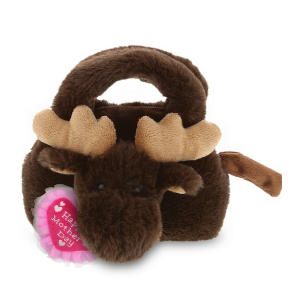 DolliBu Happy Mother's Day Super Soft Plush Moose Handbag - Cute Stuffed Animal Purse with Pink Heart Message for Best Mommy, Grandma, Wife, Daughter - Cute Wild Life Plush Handbag Gift - 7 Inches