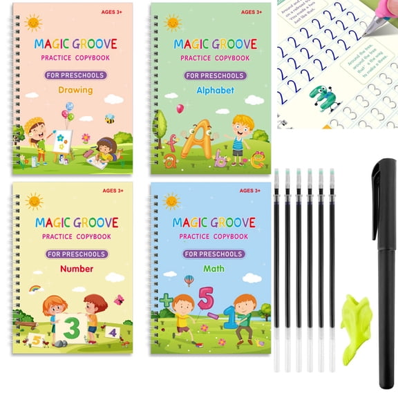 4 Pack Reusable Grooved Handwriting Workbooks Tutuviw Tracing Letters Numbers Copybook Handwriting Practice Book Writing Practice for Kids Ages 3-5 Calligraphy, Christmas Gift (6 Pens Refill)