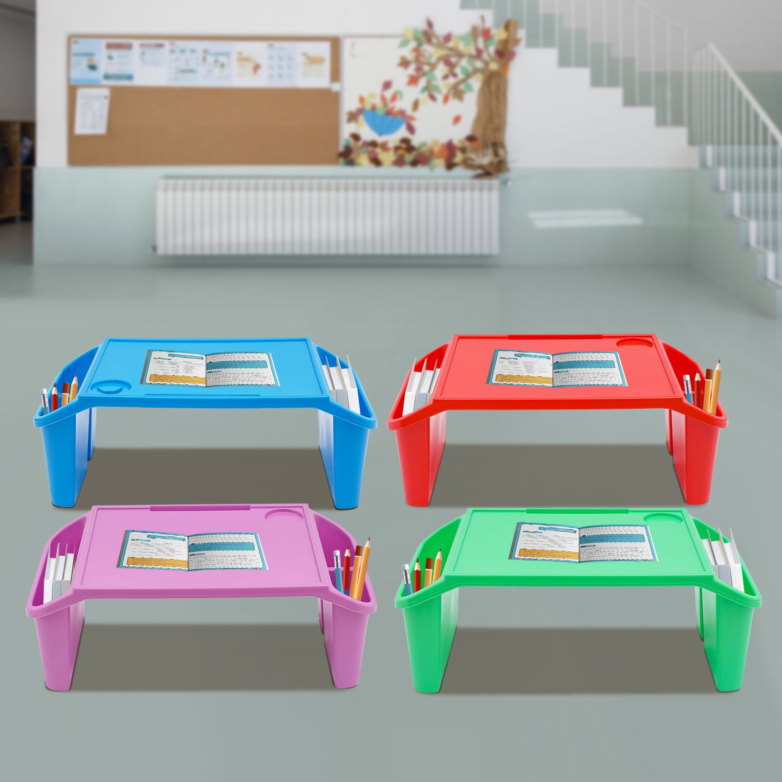 4 Pcs Kids Lap Desk Tray, Plastic Breakfast Laptop Trays, Portable Lap Bed Table w/Side Pockets 22" x 12" x 8"