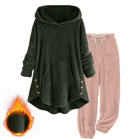 UAMVSH Womens Fuzzy Sherpa 2 Piece Outfits Plus Size Fleece Hoodies Tops with Pants Pajama Sets Winter Warm Plush Loungewear(X-LargePink 1)