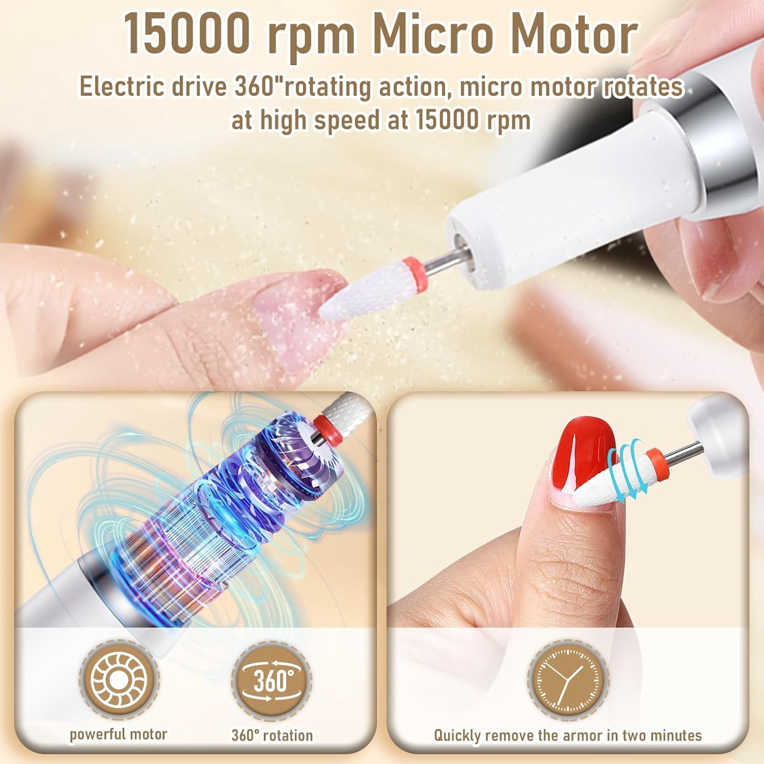 Aorsher Rechargeable Cordless Electric Nail Drill Kit, Professional Electric Nail File for Acrylic Gel Dip Powder Nails, 3 Speeds 15000RPM, Portable Manicure Pedicure Tool