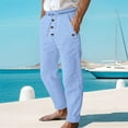 thumbnail image 5 of RYDCOT Men's Cotton Linen Pants Lightweight Button Drawstring Elastic Waist Pockets Loose Fit Straight Legs Summer Beach Yoga Light Blue, 5 of 9