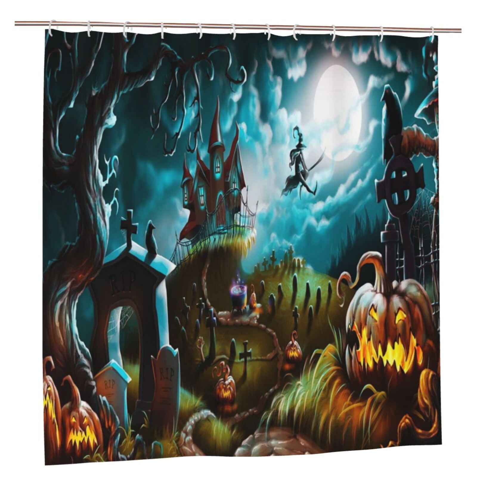 Halloween Night Mystery Graveyard with Pumpkin Witch Waterproof Polyester Fabric Shower Curtain (72 x 72in) with 12 Hooks