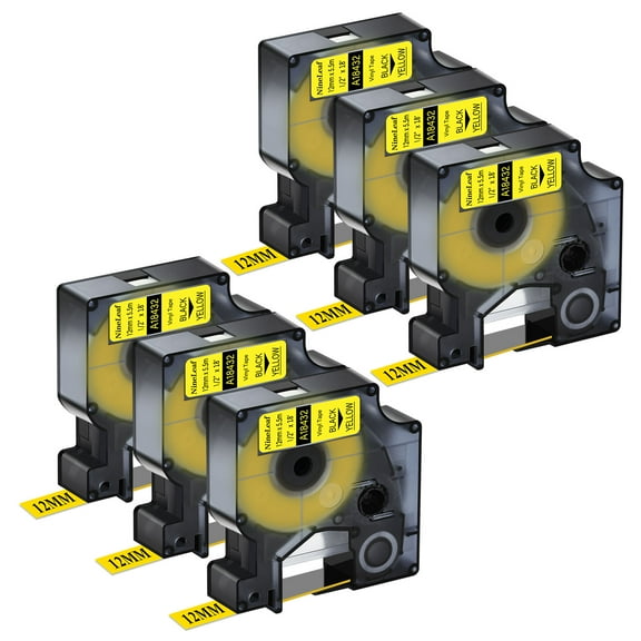 NineLeaf 6PK Compatible for DYMO 18432 1/2" x 18' (12mm x 5.5m) Black on Yellow Industrial Vinyl Label Maker Tape for Rhino 4200 5200 Label Maker
