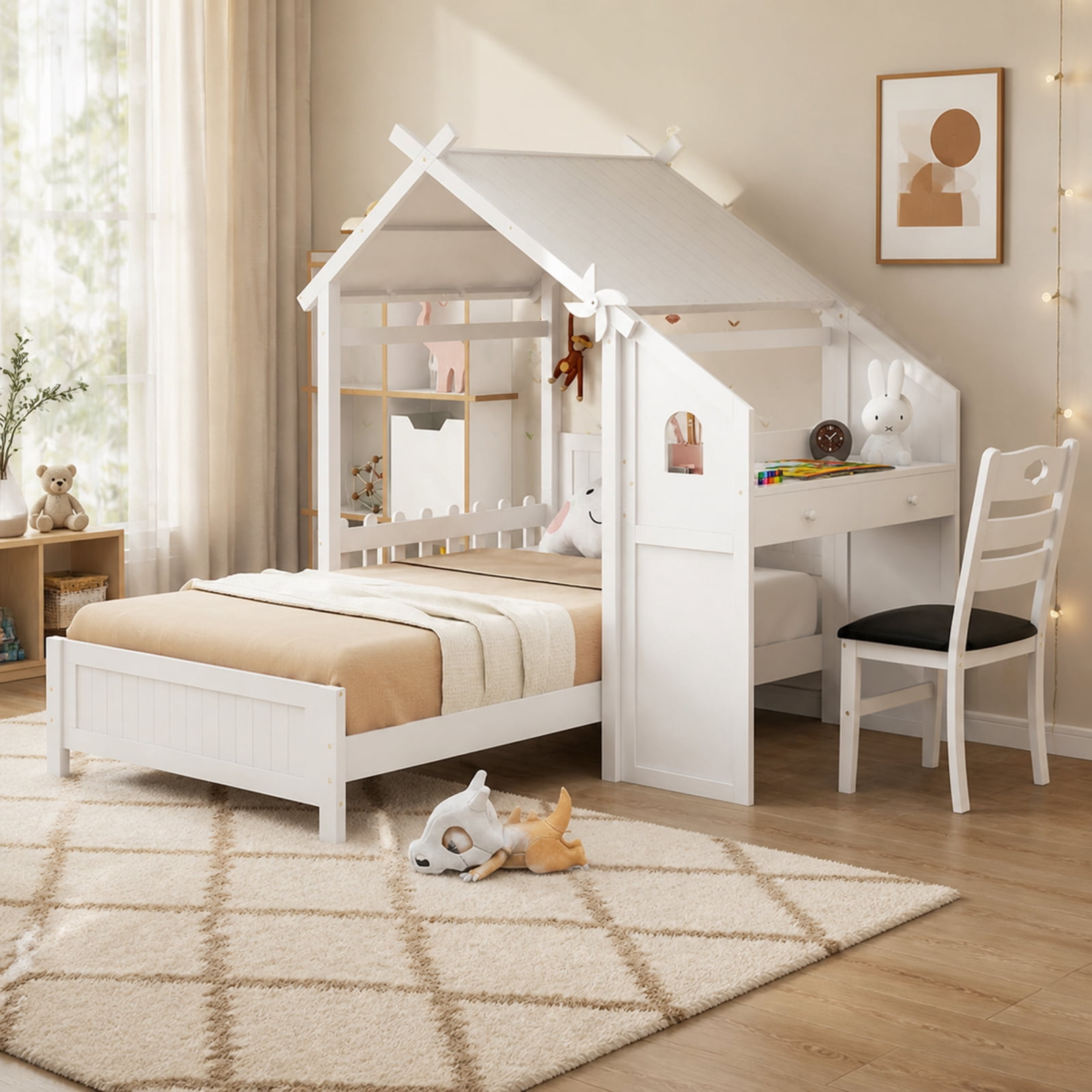Furnibear White Twin House Bed with Built in Desk 2 Storage Drawers Ergonomic Study Chair Decorative Windmill High Headboard and Protective Fence for Nursery Bedroom
