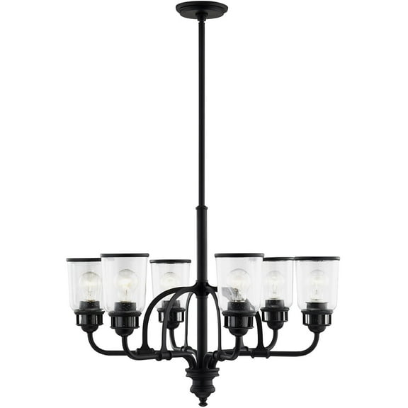 6 Light Black Chandelier with Hand Blown Clear Seeded Glass Shade