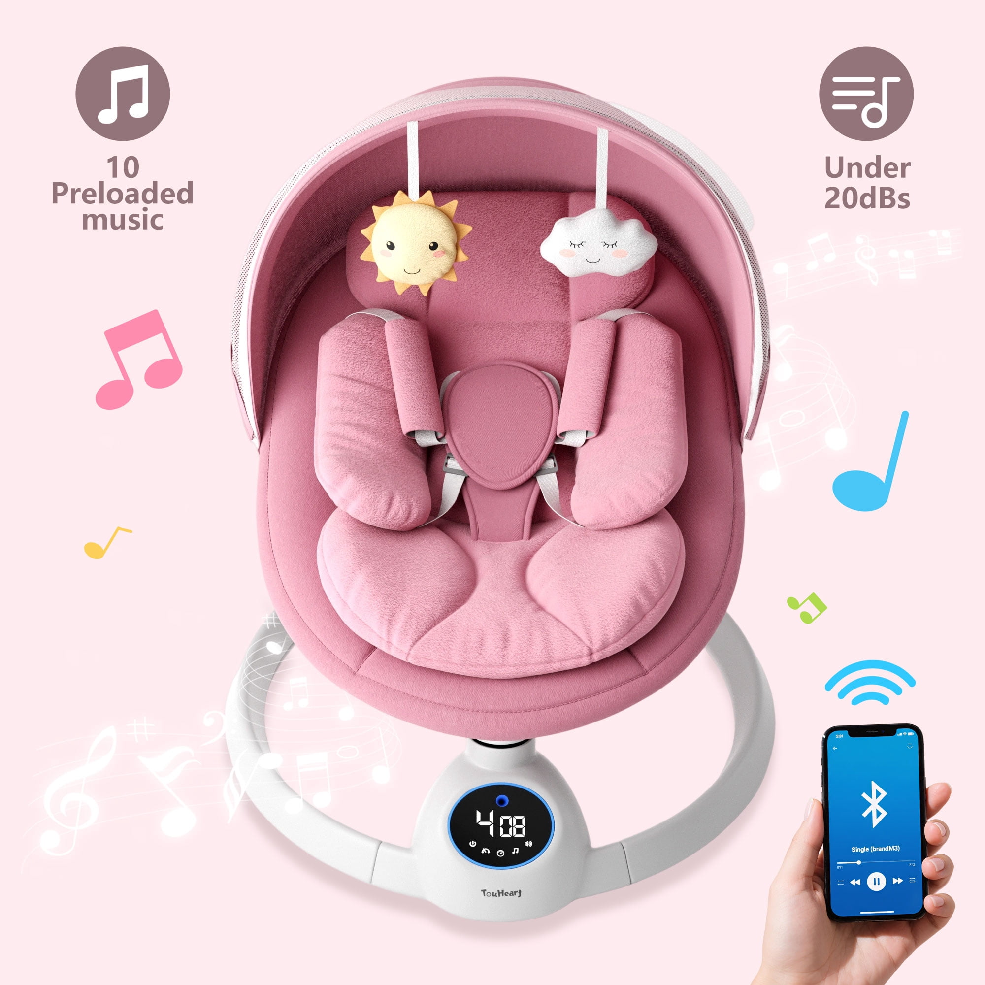 TouHeart Baby Swing, Electric Infant Rocker with Bluetooth & Remote, 5 Speeds, 10 Lullabies, Pink