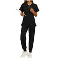 thumbnail image 6 of Stamozd Women's Solid Color Protective Work Clothes Loose Side Slit Pocket Protective Work Clothesshort Sleeved V-Neck Button Up Top Drawstring Tied Foot Pants Set Black D S, 6 of 9