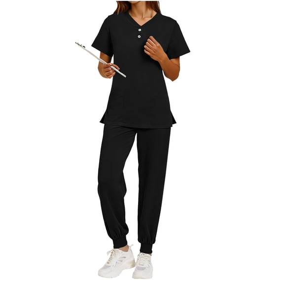 Scrub for Women Scrubs Top with Classic V-Neck & Jogger Pants Medical Nursing Uniform Black Scrub Set Multi-Pockets, M