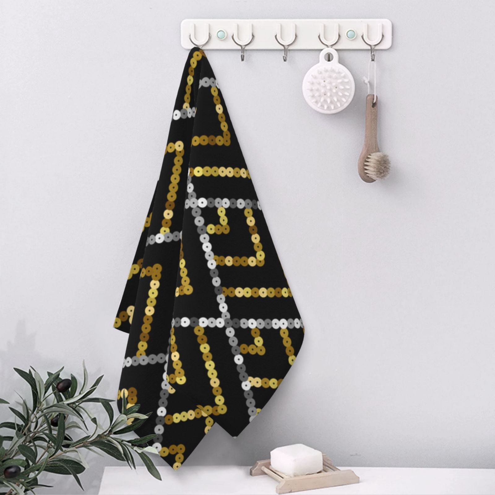 Golden Sequin Glitter Geometric 27.5" x 16" Ultra Soft Hand Towel, Face Wash Cloth for Bathroom, Gym, Travel, Pool