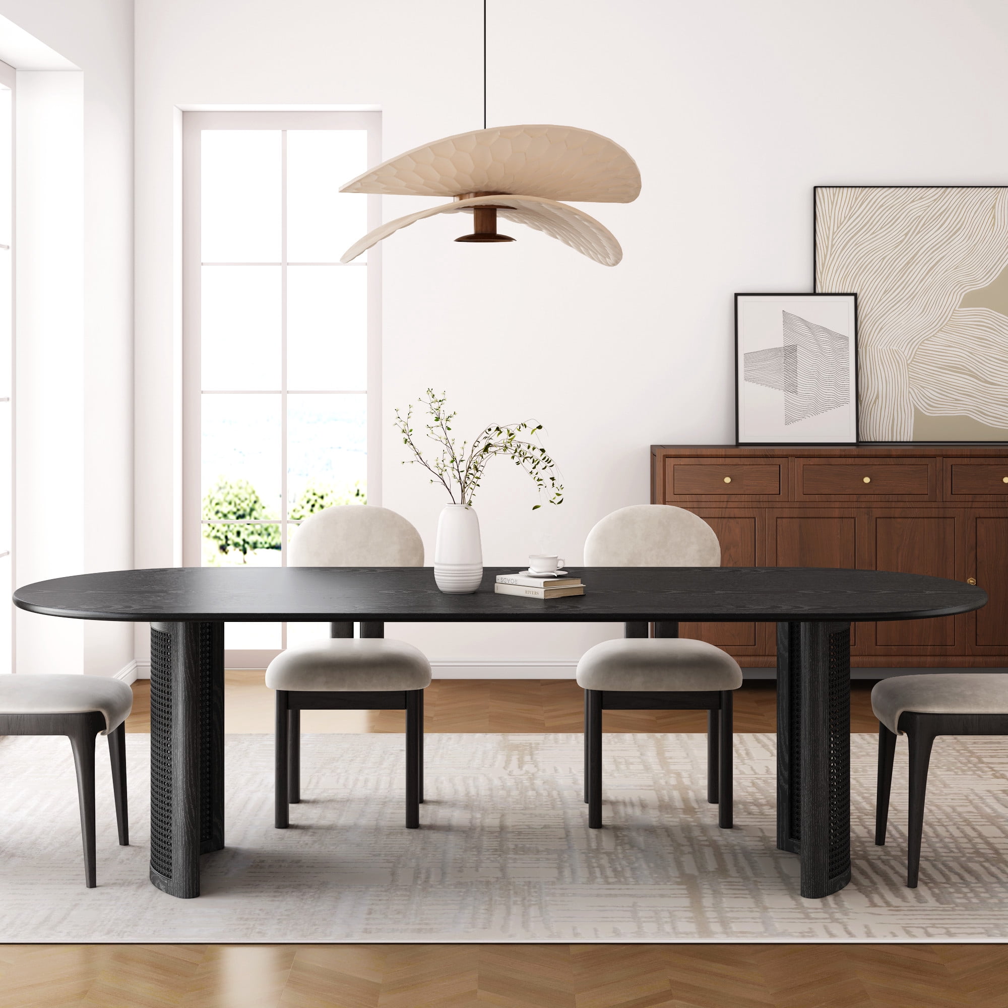 MAYEERTY Modern 79*33.5*30" Oval Black Dining Table with Arc - shaped Rattan Legs, Seats 6