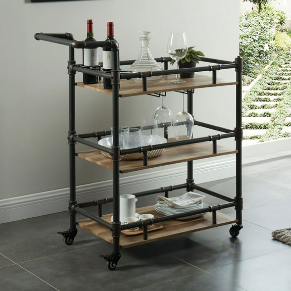 Industrial Style Antique Black Inspired Design Natural Oak 1pc Serving Cart 3-Tier Server w wheels