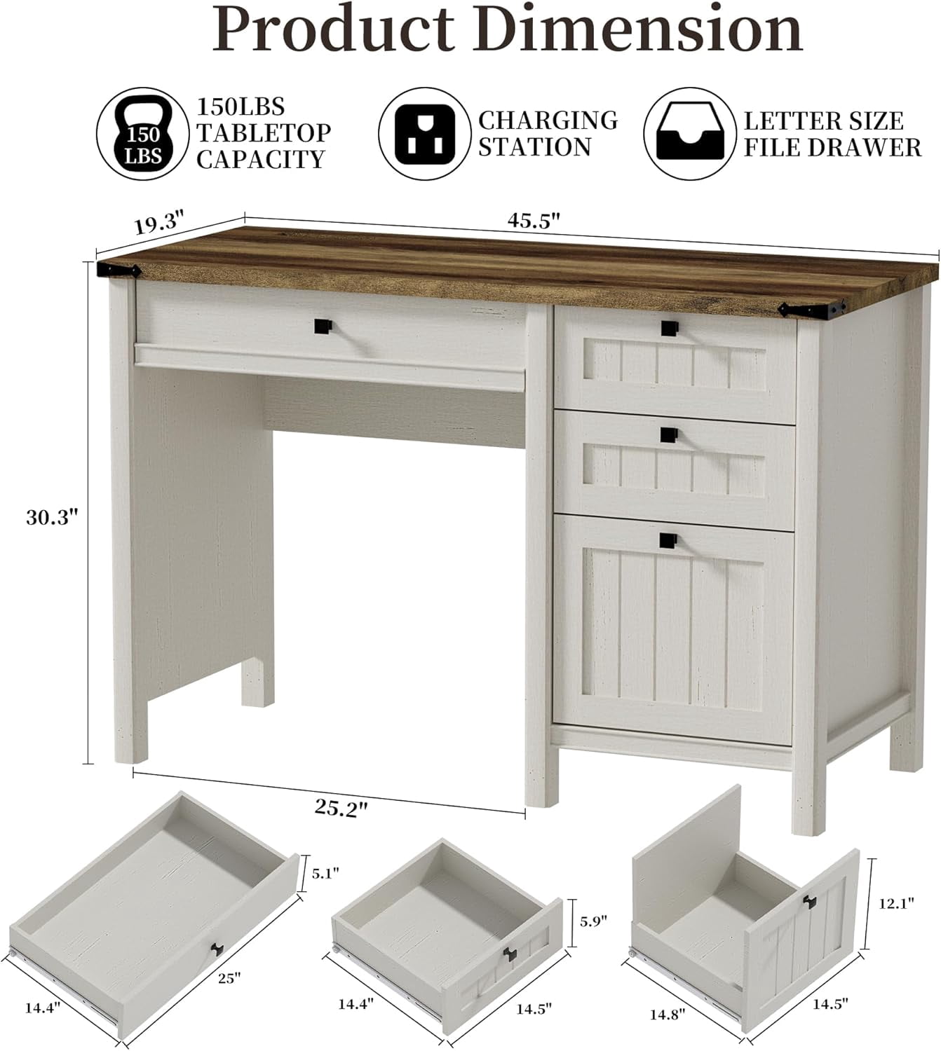 FIAKOA 45"Executive Desk, Modern Farmhouse Computer Desk with Drawers & Cabinet, White Home Office Desk Writing Workspace for Work Study