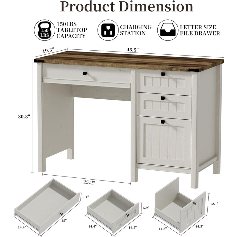 FIAKOA 45 Inch Executive Desk, Modern Farmhouse with Drawers photo 4
