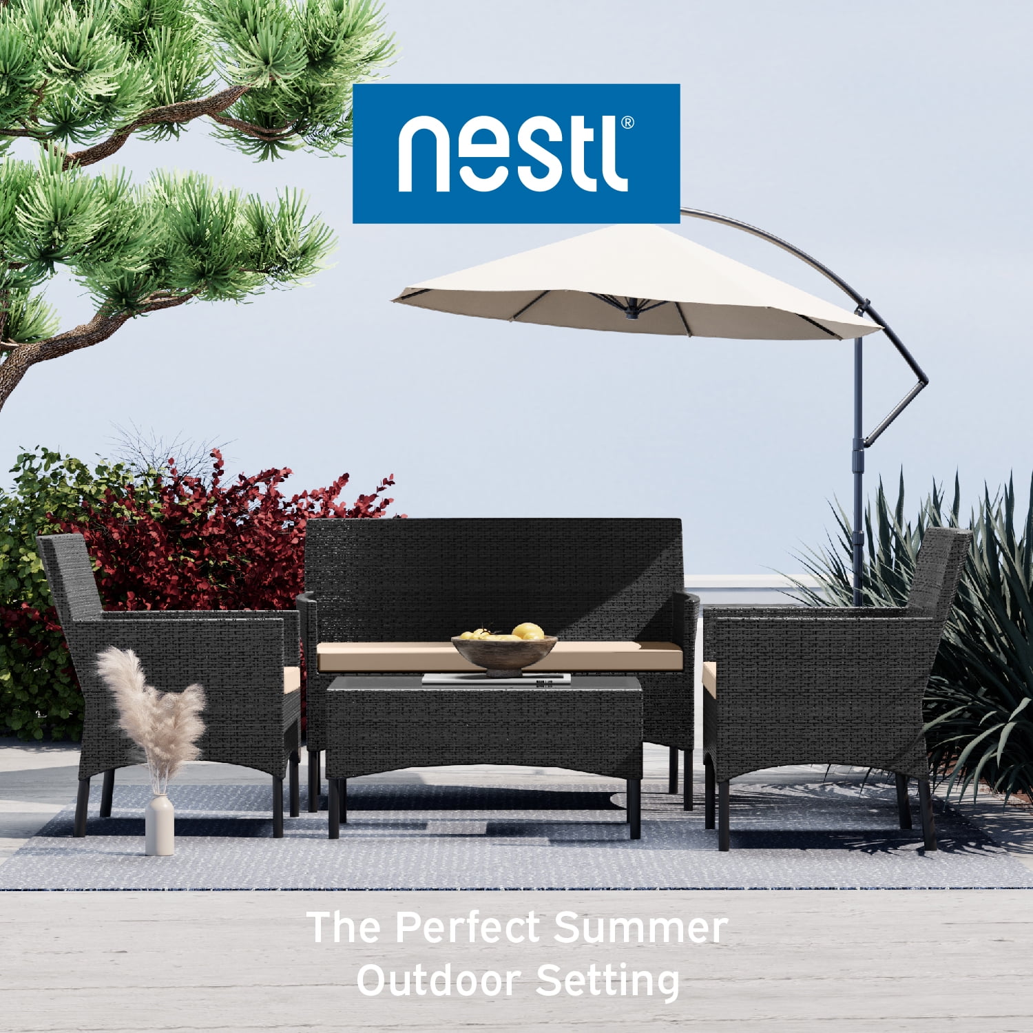 Nestl 4-Piece Outdoor Patio Furniture Set, Wicker Patio Conversation Set, Black/Beige