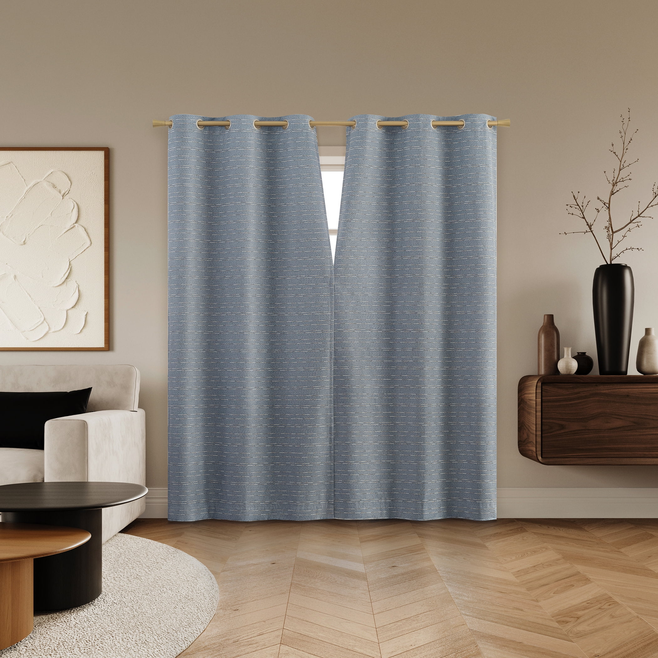 Sun Zero Dresden 2-pack Slub Detail Magnetic Closure 100% Blackout Grommet Curtain Panel Pair, 37"W x 63"L, Denim Blue