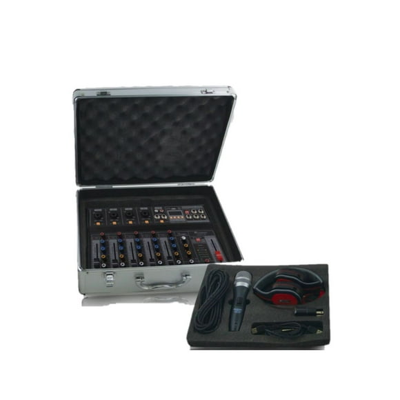 Kit para Estudio STUDIO6KIT Soundtrack Mezcladora 6 Canales Pasiva, Audífonos y Micrófono SOUNDTRACK Maletín de Aluminio