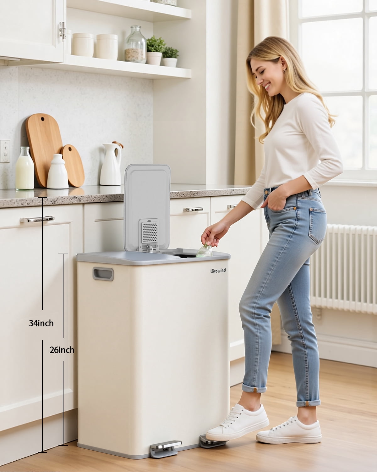 2 x 8 Gallon Kitchen Trash Can, Step Garbage Can Stainless Steel, Trash and Recycle Bin for Kitchen, Dual Compartment Recycling