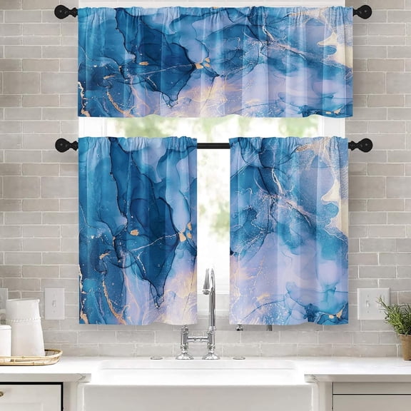 36 Inch Kitchen Curtains Cyan Blue Marble Texture Abstract Art Window Curtains and Valances Set of 3,Mixing Colorful Modern Art Background Short Tier Curtain,Vintage Small Kitchen Decor