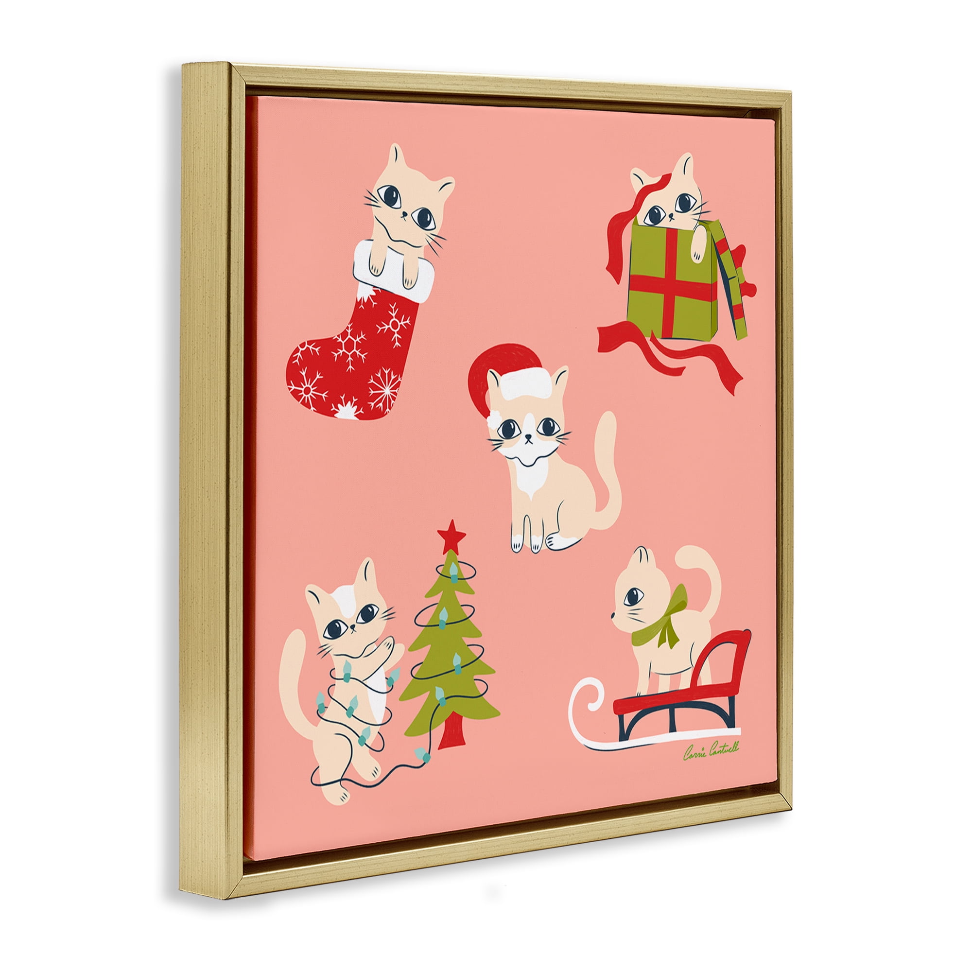 Stupell Industries Festive Cats Cute Holidays Holiday Painting Gold Floater Framed Canvas Art Prints Wall Art, 18 x 18