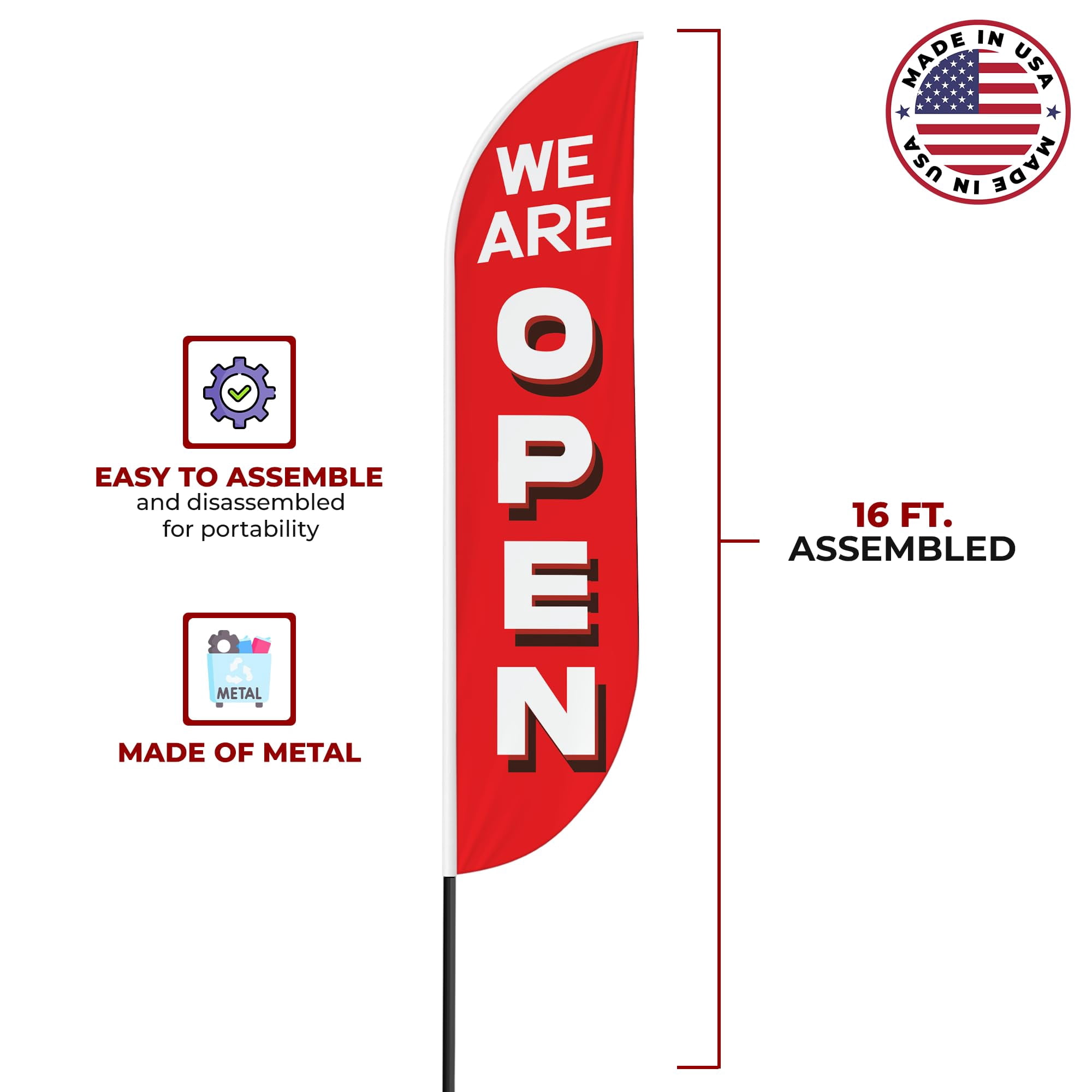 We Are Open Sign Feather flag Pole Mount for Outdoor by Mavis Print | 15 FEET Long Polyester Outdoor Banner Flag Pole Kit for Easy Hang | HD Print Swooper Flag Pole Stand for Business Advertisin