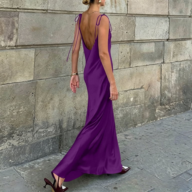 backless purple dress Women's Cotton Satin Spaghetti Strap Maxi Tie-Wrap Solid Color formal Casual Dress L(L) Apparel Size:Medium The simple length:Long Vera Wang Bride |