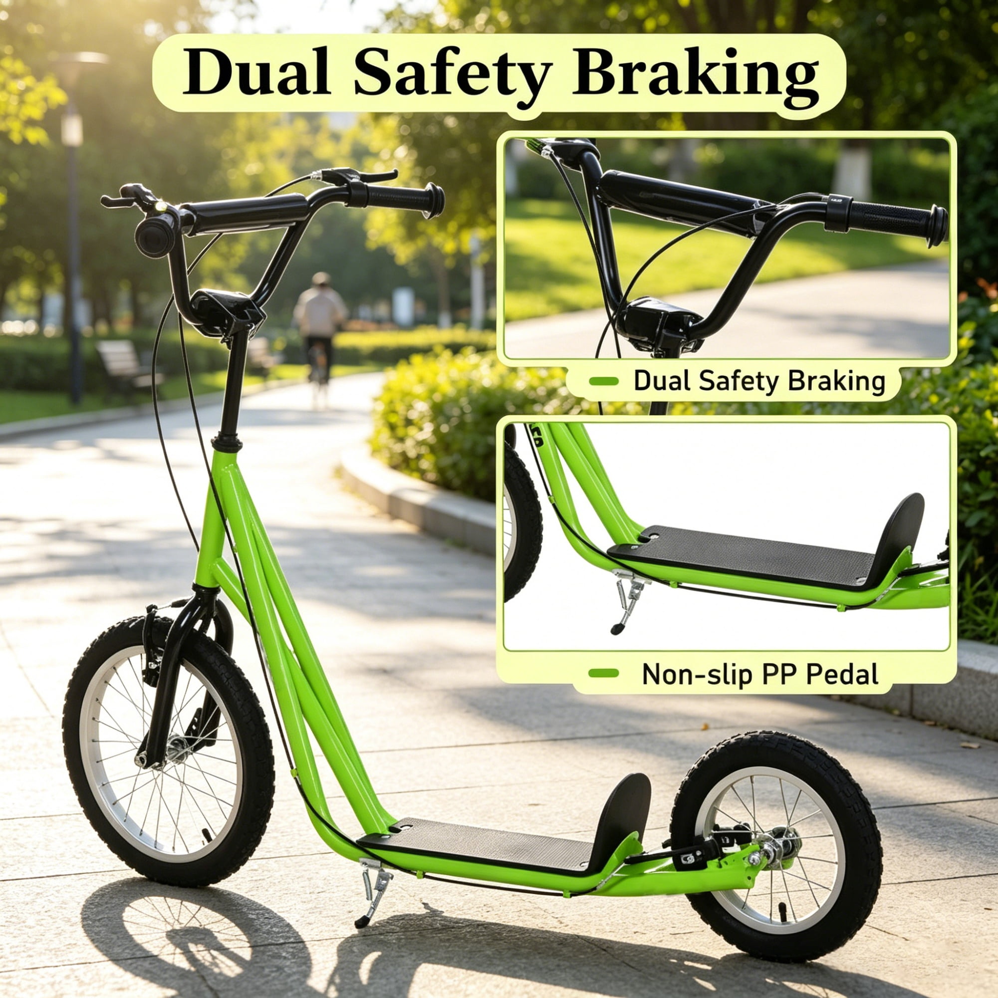 Teens Kids Ride-On Scooter, Height Adjustable Handlebar, Dual Brakes, Pneumatic Wheels, Safe Toy for Children 5 and Up, Green