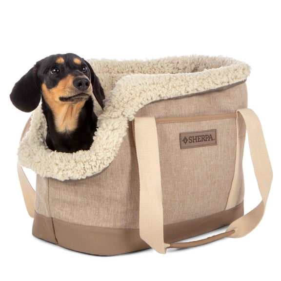 Sherpa Luxe Tote Fashionable Pet Carrier with Plush Drop-in Liner - Tan, Medium