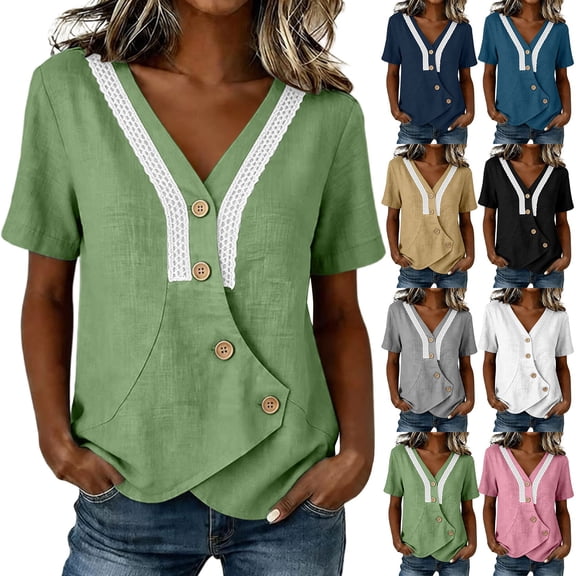 Msgweeeg Short Sleeve Tops Summer Tall Womens Clothing V Neck Lace Regular Fit Stylish Vacation Womens Casual Shirts