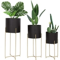 Mid Century Planter with Gold Plant Stand, 3 pcs Modern Planters for Indoor Plants, Metal Floor Planter Set with Foldable Stand(Pack of 3)