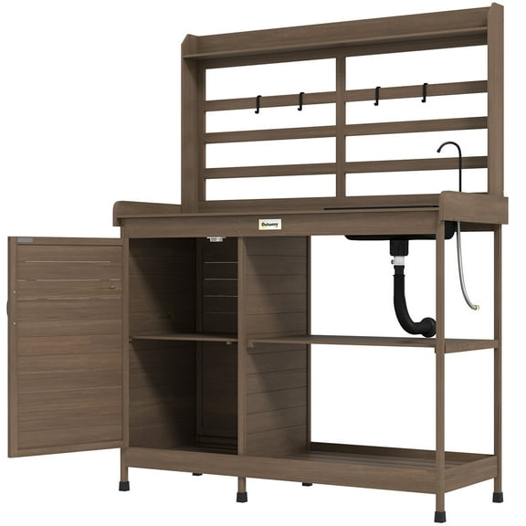 Wooden Potting Bench with Storage, Sink, Water Tap for Backyard, Patio, Balcony, Dark Brown