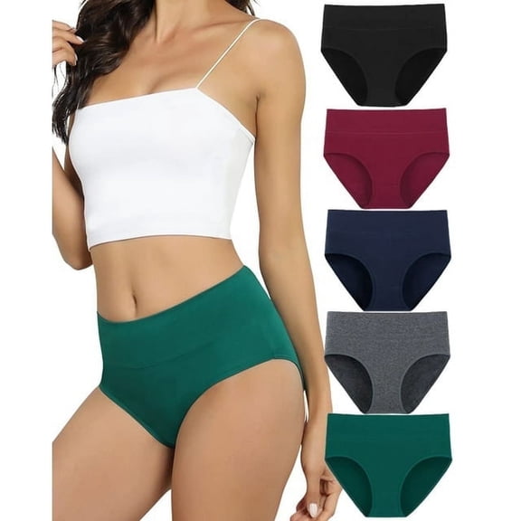 Sunm Boutique Women‘s Cotton High Waisted Underwear, 5-Pack Full Coverage Briefs, Tummy Control Breathable Panties
