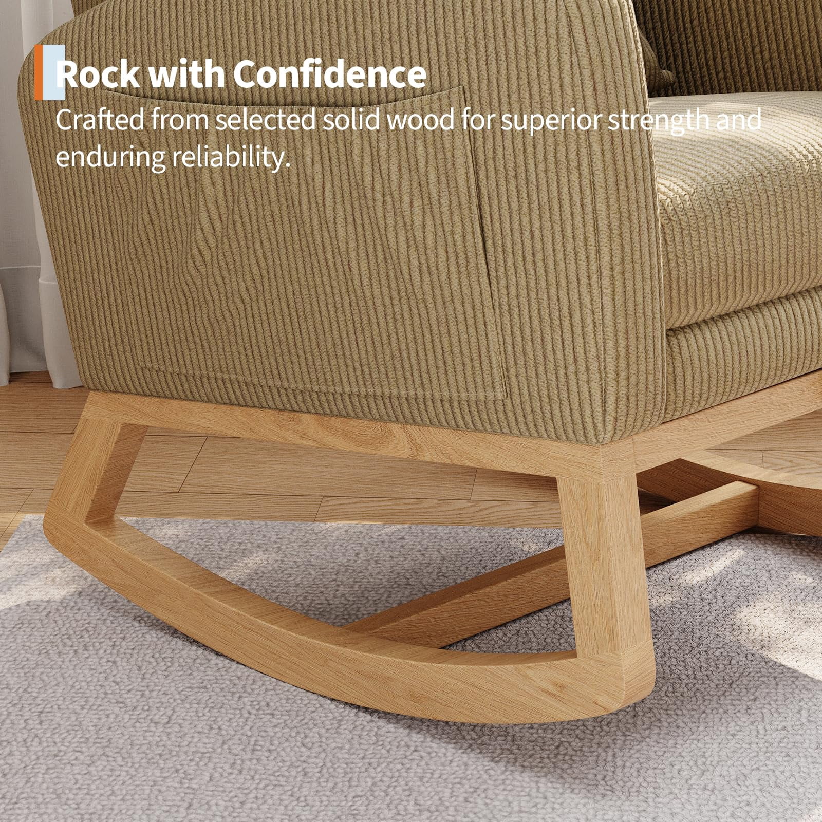 Modern Corduroy Glider Rocker Chair, Full-Body Support, Side Pockets & Lumbar Cushion – Ideal for Living Room, Nursery or Reading Corner