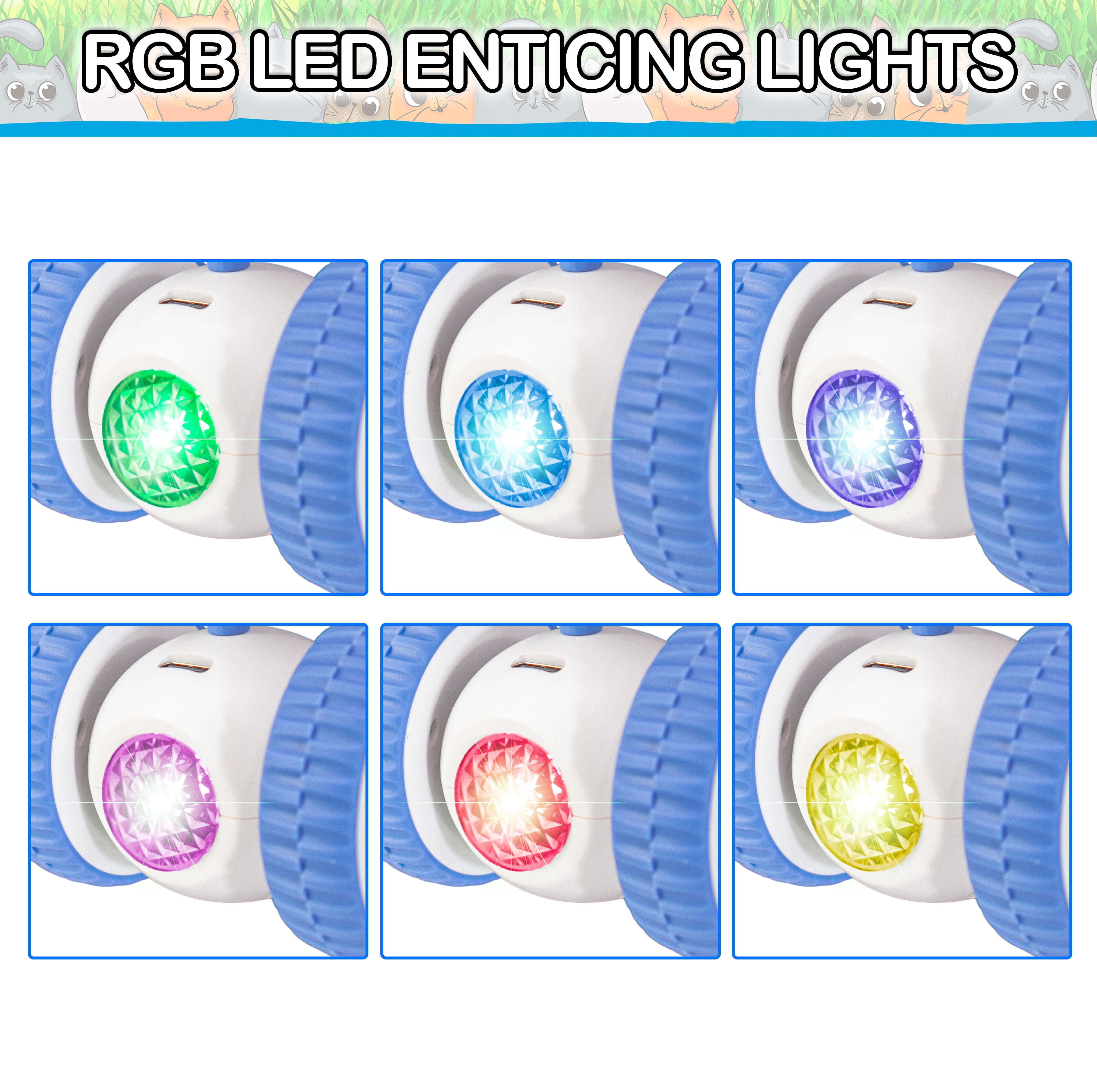 Interactive Cat & Dog Toy LED Lights, Wheels, & Moving Teaser Feather Wand - USB Rechargeable Automatic Moving Kitten Ball Toy for Exercise and Play