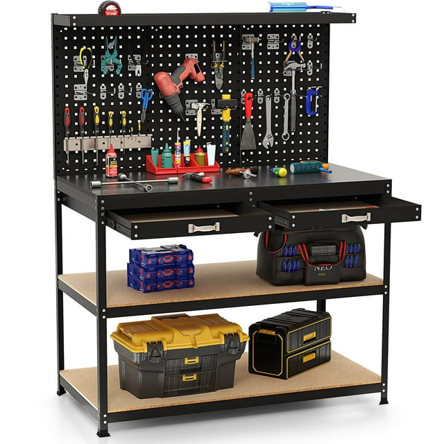 Costway 48" x 24" Workbench Heavy-Duty WorkTable with 3 PCs Pegboard Drawer & Shelves Black