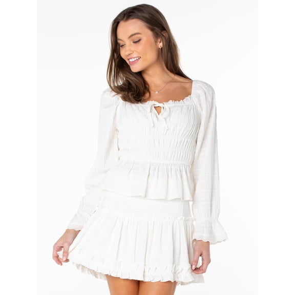 Celebrity Pink Women's Long Sleeve Square Neck Lace Trim Top, Sizes XS-XXXL
