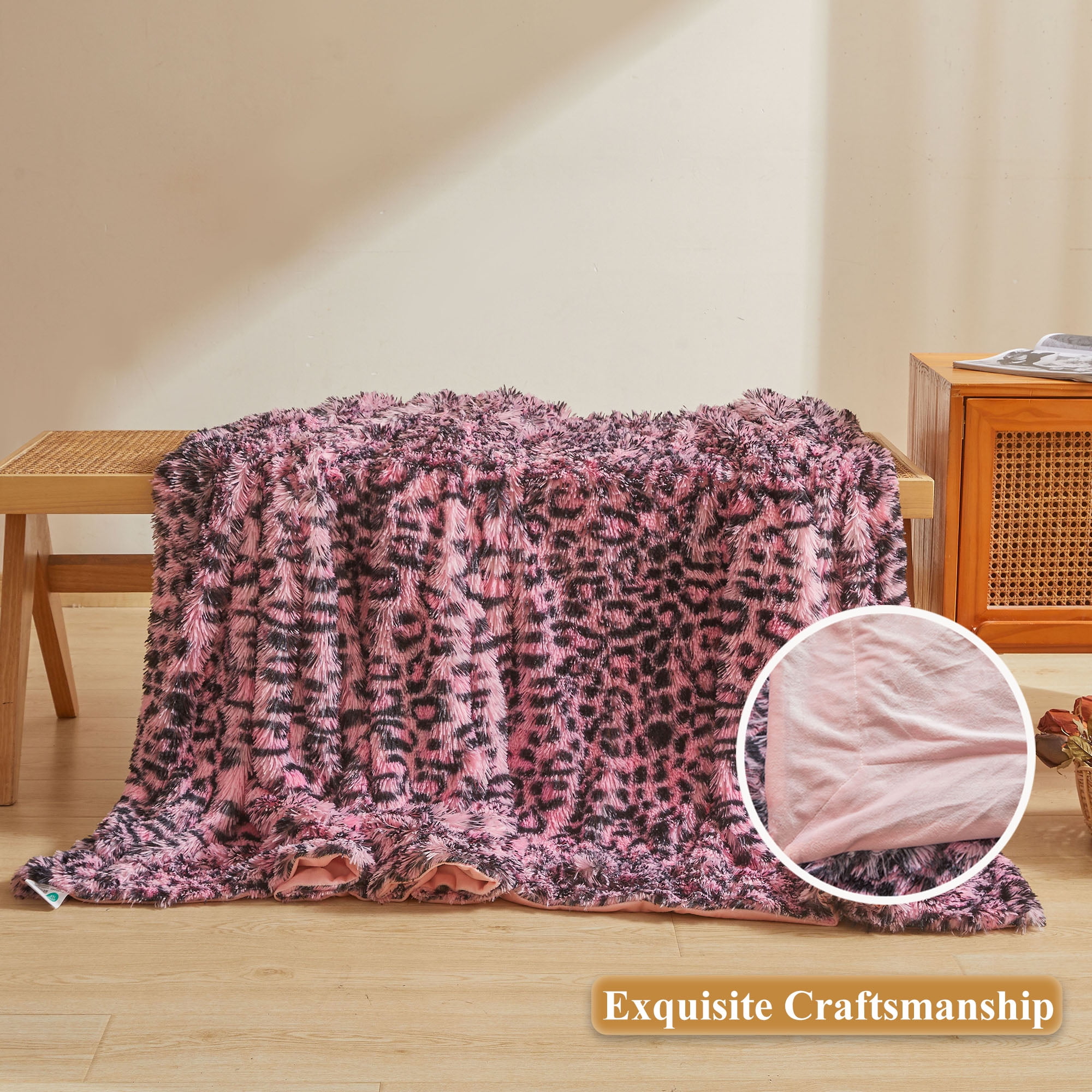 XeGe Faux Fur Leopard Print Blanket, Soft Cheetah Print Fluffy Bed Blanket, Shaggy Plush Decorative Couch Throw, Cute Animal Print Fuzzy Throw for Sofa Bed Couch, Black and Pink, 60x80