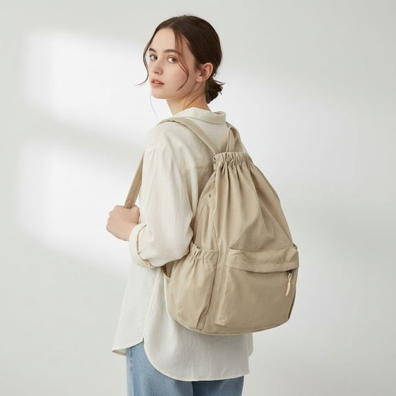 ZROVA Unisex Solid Drawstring Backpack - Simple High-Style Large Capacity Bag for School, Work & Couple Outings (Black/Off-White/Khaki/Blue)